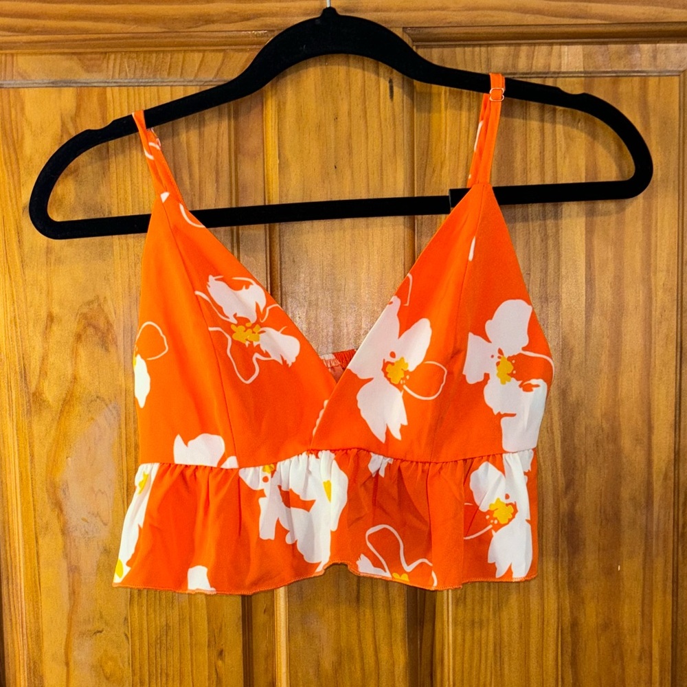 Orange Floral Ruffle Crop Top - Picture 5 of 8